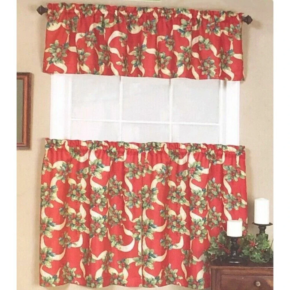 Christmas Holly Ribbons Curtains and Valance Printed Red Holiday 3 Piece Set